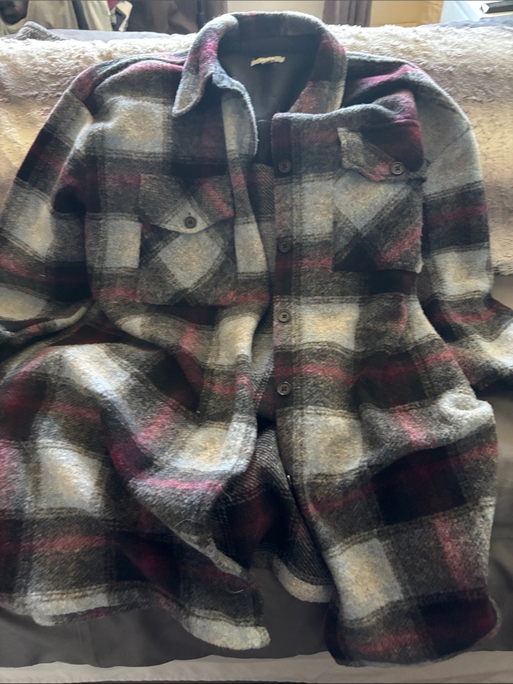 Mexx Plaid Utility Jacket in Gray, Black & Burgandy